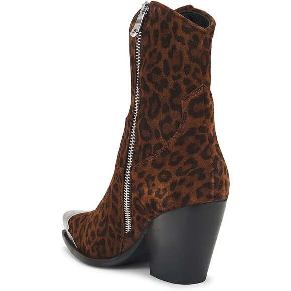 Women's Leopard Engraved Steel Toe Cowgirl Boots Stacked Block Heels Short - Picture 5 of 5